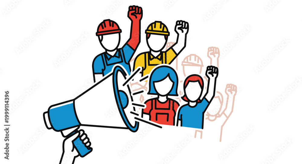 Obraz premium People protesting with a megaphone leader.