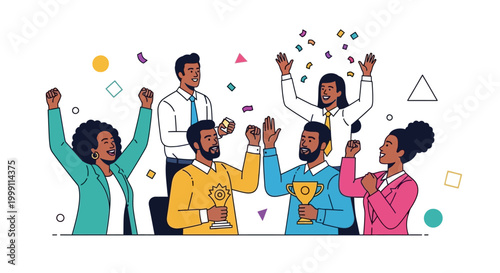 Diverse group celebrating with raised hands.