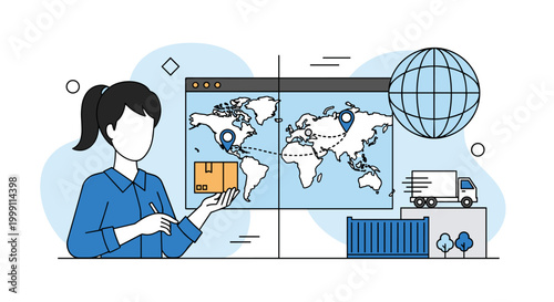 A woman gesturing towards a digital window display showing a world map and global delivery routes on a bright clean blue and white background with technical icons.