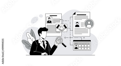 A businessman in a formal suit uses a large magnifying glass to analyze a handshake graphic connected to various applicant profile data sheets on a light background.