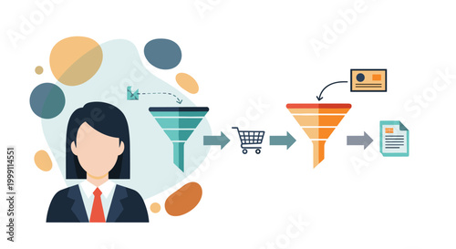 A businesswoman in a dark blazer manages a multi-stage sales funnel process featuring shopping cart icons and document flows against an abstract colorful organic background.