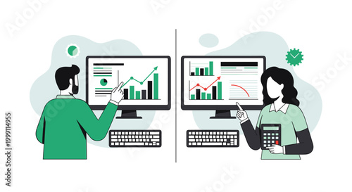 Two professionals analyze data trends on computer screens while using a calculator in a clean digital workspace with a light green color palette and flat vector design.