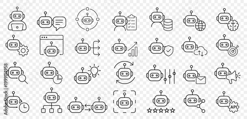 Autonomous AI Agents Outline Icon Set, Editable Stroke Icons for Workflow Automation, Multi Agent Systems, API Integration, Chatbot, Cloud, Analytics, Security, SaaS Dashboard Line Vector Collection.