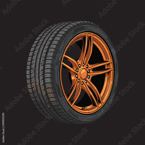 Modern high-performance car wheel featuring a metallic copper finish alloy rim and detailed black low-profile rubber tire tread.