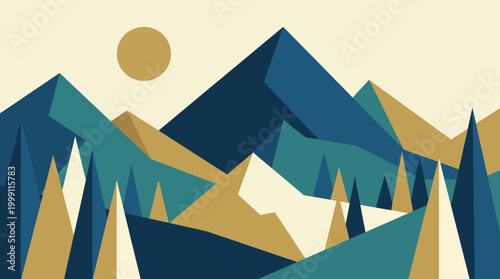 An artistic representation of a mountainous landscape featuring geometric shapes and a stylized sun, conveying a sense of serenity and abstract beauty in nature.