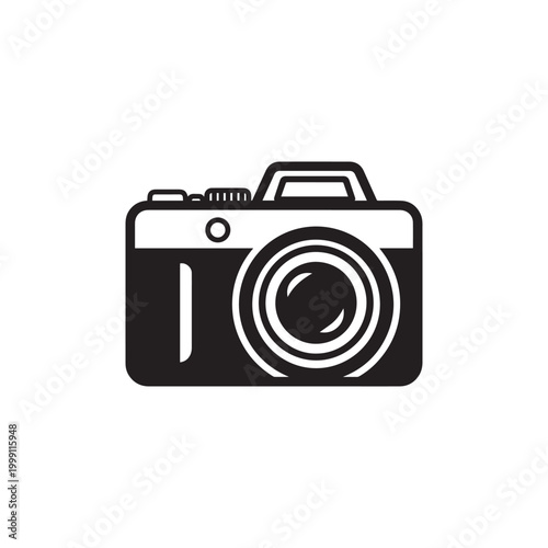 Minimalist black and white flat icon representing a digital SLR camera for photography, media, and creative design projects.