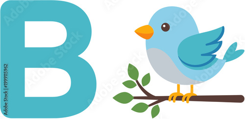 Bright blue uppercase letter B alongside a friendly cartoon bird perched on a branch, an ideal illustration for teaching the alphabet and early learning concepts