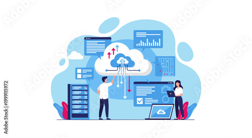 Technical specialists configure cloud storage systems and server arrays in a digital infrastructure environment with a soft blue aesthetic and clean vector graphic elements.