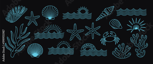 Summer coastal icon set in blue colors, hand drawn vector illustration, palm tree, sun and sea, seashells, and coral in doodle sketch style, Mediterranean Italian ocean vacation travel concept,