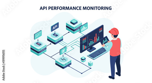 An engineer wearing a safety helmet utilizes a portable tablet to oversee complex API performance diagnostics within a connected server and network environment.