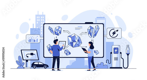 Two professionals collaborate while reviewing energy crystal diagrams and electric vehicle charging infrastructure data on a large digital screen in a city office.