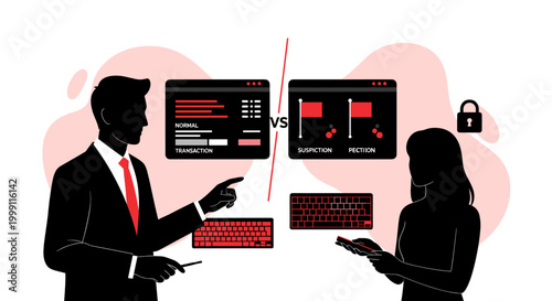 A male professional in a suit and a female colleague compare digital transaction windows against flagged suspicious data alerts on a light background with red accents.