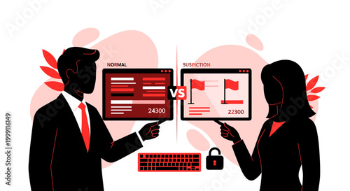 Corporate professionals observe numeric data interfaces and red flagged alerts while standing beside a computer keyboard and a secure digital lock icon illustration.