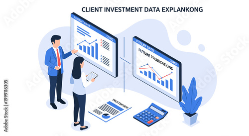 Professional staff members examine market trends and investment growth data on separate screens while working in a clean office setting with a bright blue palette.
