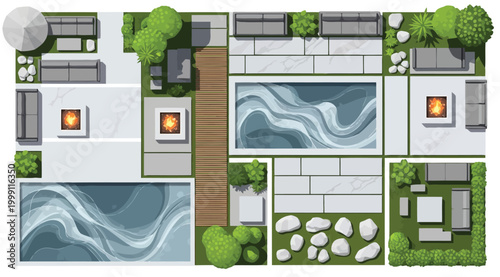 Top view of modern backyard landscape design with swimming pools and lounge areas