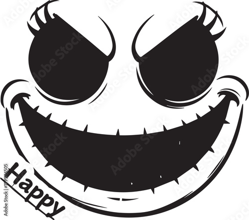 Obraz na płótnie Creepy Stitched Smile Face With Black Eyes And Happy Text
