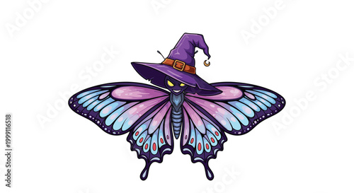 Spooky purple butterfly wearing a pointed witch hat with yellow glowing eyes and a grin for Halloween themed decorations.
