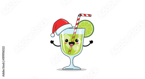 Happy lime cocktail glass character wearing a red Santa hat and holding a striped straw for festive holiday celebration themes.