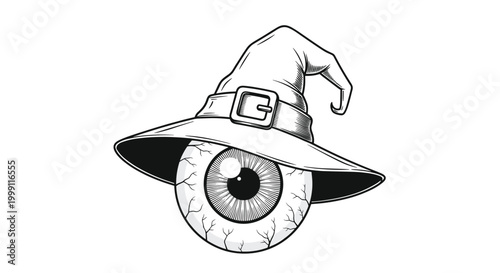 Spooky black and white illustration of a giant realistic eyeball wearing a pointed witch hat for dark Halloween artistic projects.