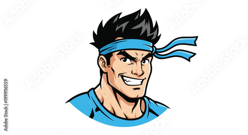 Confident and muscular male martial arts fighter wearing a blue headband and t-shirt with a determined grin on his face.