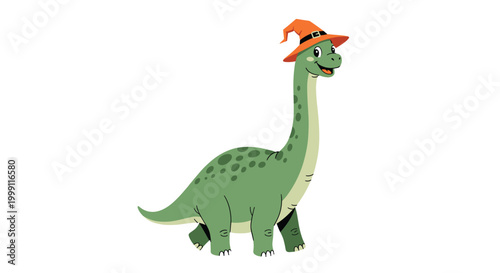 Friendly green long necked dinosaur wearing a festive orange witch hat for Halloween themed prehistoric adventure themes.
