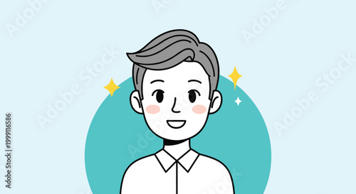 Friendly young man with grey hair wearing a white collared shirt set against a bright teal circular background with stars.