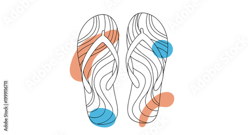 Minimalist outline of beach flip flops decorated with artistic blue and orange color splashes creates a stylish summer vacation vibe.