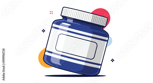 Sturdy blue plastic jar with a white screw cap and a blank white label stands in front of decorative colorful circular shapes.