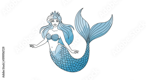 Graceful mermaid character with flowing blue hair and a scaly tail swims elegantly decorated with a starfish crown and seashell top.
