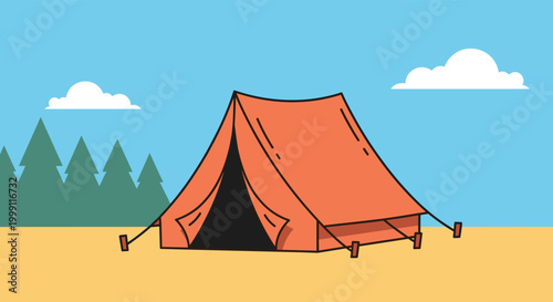 Classic orange A frame camping tent stands on a sandy patch with a clear blue sky and pine tree silhouettes in the background.
