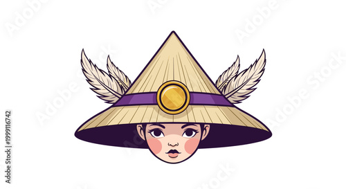 Female character face is framed by a traditional conical straw hat decorated with a purple band and four elegant white feathers.