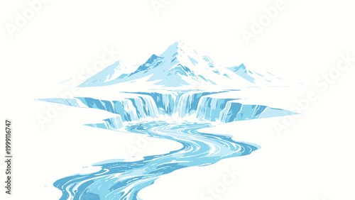 Minimalist Watercolor Style Illustration of Melting Glacial Icefall Feeding a Winding Arctic River, with Distant Snow-Covered Mountain Peaks Under a Bright Pale Sky