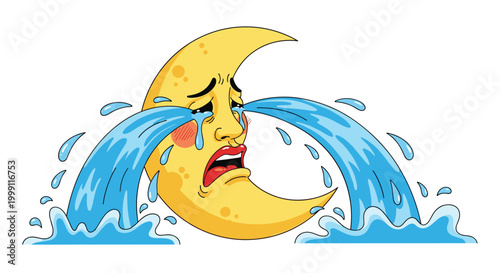 Crying crescent moon face with large tears falling into blue waves depicts a sad or emotional night scene in a cartoon style.