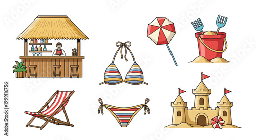 Comprehensive beach vacation set featuring a tiki bar bikini sandcastle umbrella and sand bucket for a complete summer holiday theme.