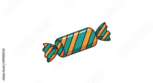 Wrapped hard candy with green and orange diagonal stripes sits at an angle as a sweet treat for festive parties and celebrations.