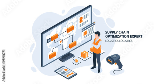 A supply chain expert monitors global shipping logistics routes on a large computer screen in a professional workspace with orange accent pieces.