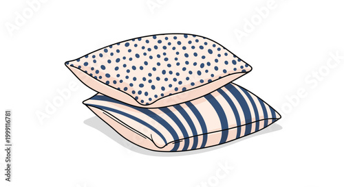 Pair of soft decorative pillows one with dark blue dots and one with vertical stripes are stacked together for modern home comfort.
