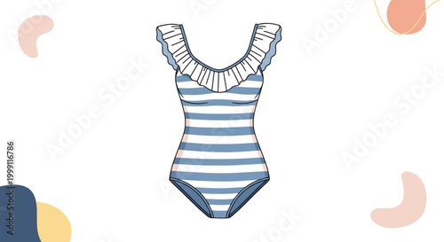 Stylish one piece swimsuit with horizontal blue and white stripes and a decorative ruffle around the neckline for summer vacation.