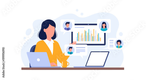 A professional business woman in a yellow sweater explains statistical data charts to colleagues through virtual chat bubbles while using two laptop computers.
