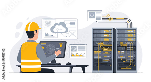 A server technician inspects cloud computing architecture and network performance logs on a workstation display next to rows of active hardware rack cabinets.