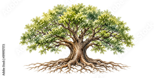 Foto A charming watercolor tree featuring sprawling roots textured bark and fresh green leaves illustrated in a natural botanical style