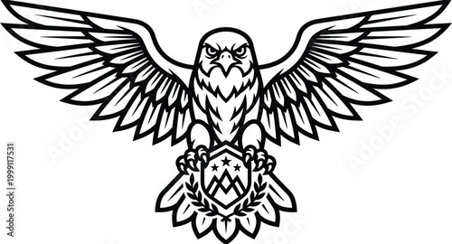 Owl, winged emblem, crest, shield, vector icon