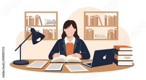 A student sits at a wooden desk while reading an open textbook surrounded by stacks of hardcover literature and a desk lamp inside a warm library setting.