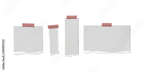 Set of four blank torn paper notes attached with pieces of red masking tape for notes and messages