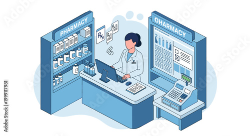 A professional pharmacist manages medication orders at a customer service counter inside an organized pharmacy clinic setting featuring a soft blue color scheme.