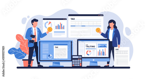 A male and a female tax accountant stand by computers displaying financial charts while holding coins and documents in a professional corporate office setting.