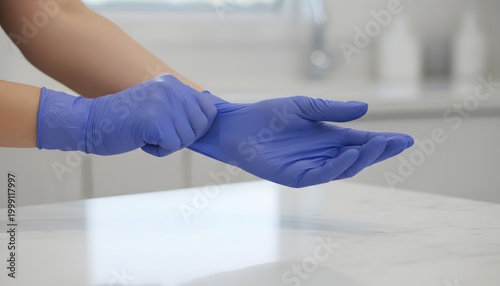 Woman putting on blue latex gloves in a bright clinic for medical protection and hygiene safety concept, preparing for a professional healthcare or lab procedure