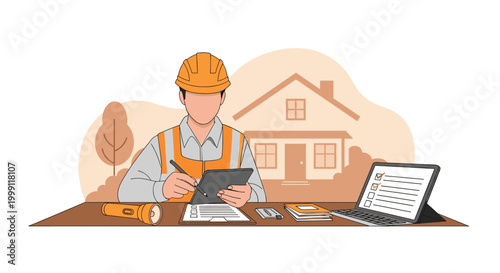 A male construction inspector in a high-visibility orange vest reviews data on a digital tablet at a desk with a flashlight and clipboard in a house design setting.