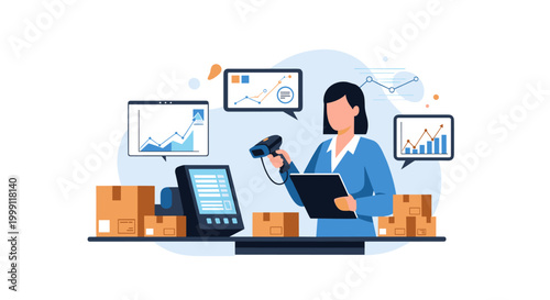 A female employee scans inventory boxes with a handheld device at a desk surrounded by digital charts and logistics performance graphs in a bright business work environment.