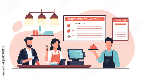 A server holding a covered food tray walks past a restaurant management counter with digital order entry systems and dining lists in a warm-toned dining establishment setting.